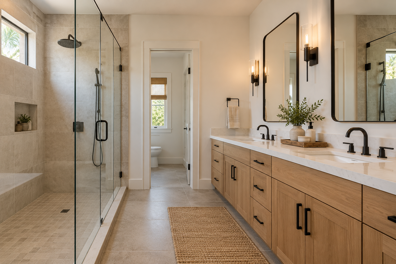 Warm modern bathroom with glass shower and wood vanity