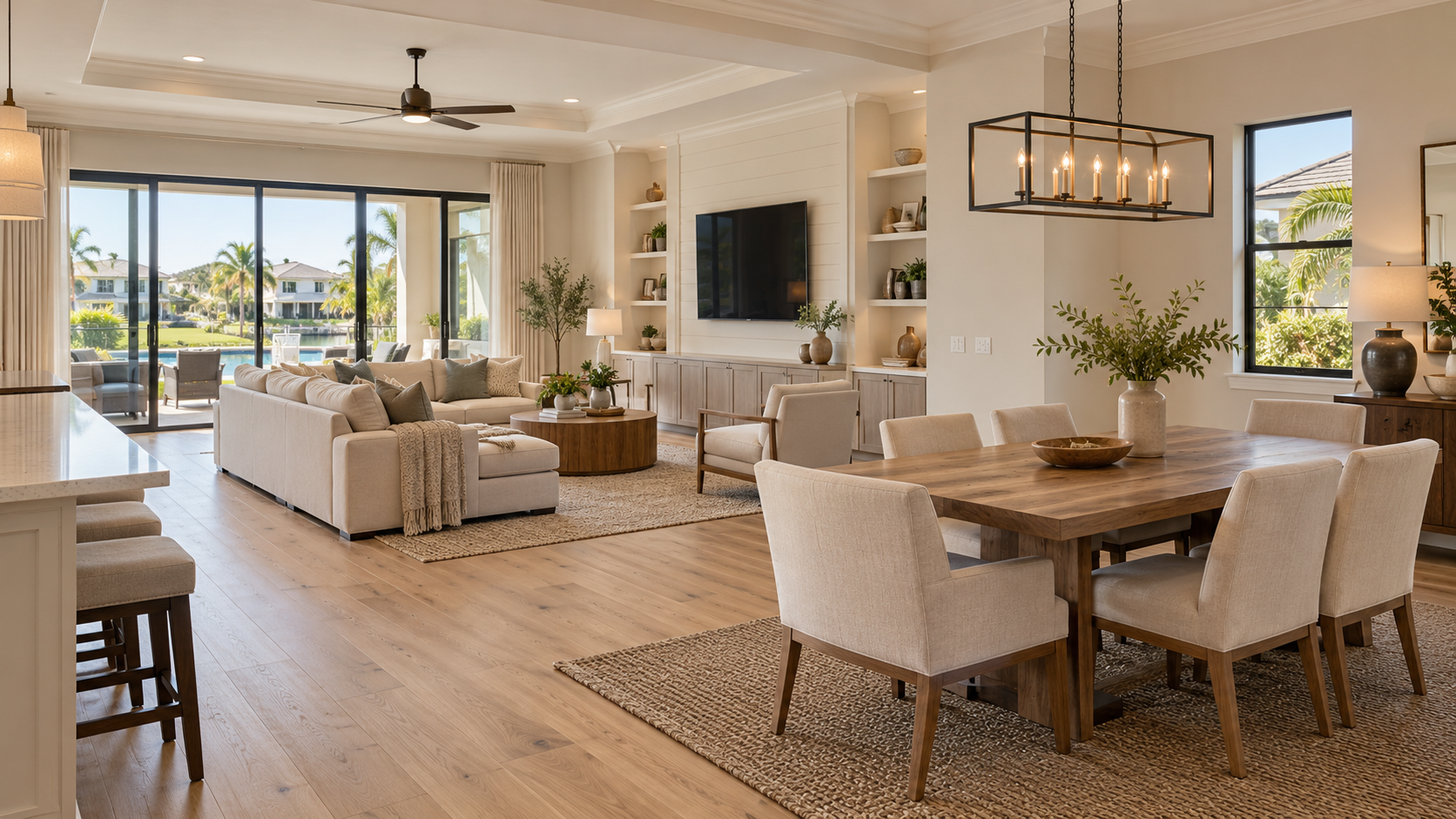 Finished open-plan home interior with new flooring, paint, and trim